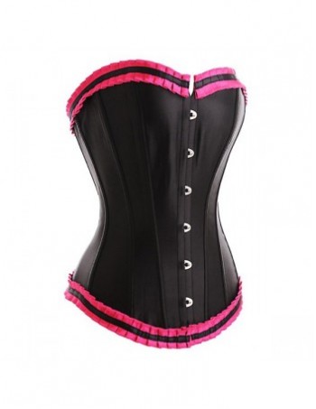 Black satin overbust corset with hot pink ruffle trim, 